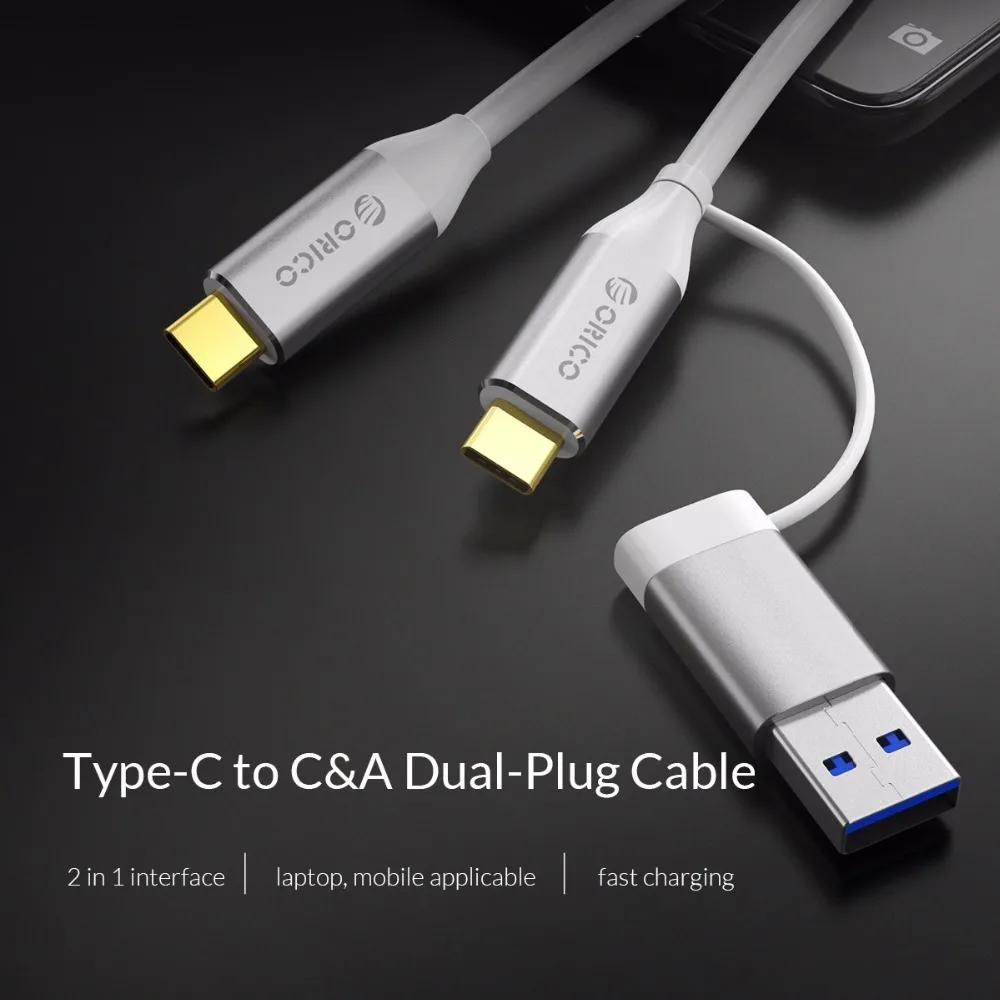 ORICO 2 в 1 интерфейсный кабель тип-c к C и двойной штекер кабеля USB3.0 высокая скорость передачи 5A 10Gpbs зарядный кабель для телефона