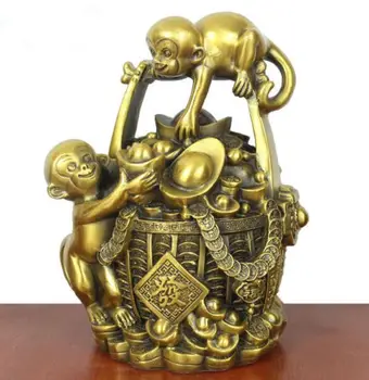 

China FengShui Brass Wealth Monkey Family Money Basket YuanBao statue