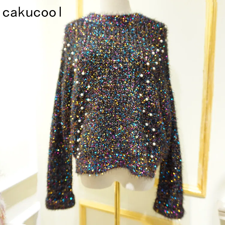 

Cakucool New Pearl Beading Sweaters Women Autumn Colorful Lurex Shiny Round Neck Jumpers Loose Casual Knit Pull Sweater Femme