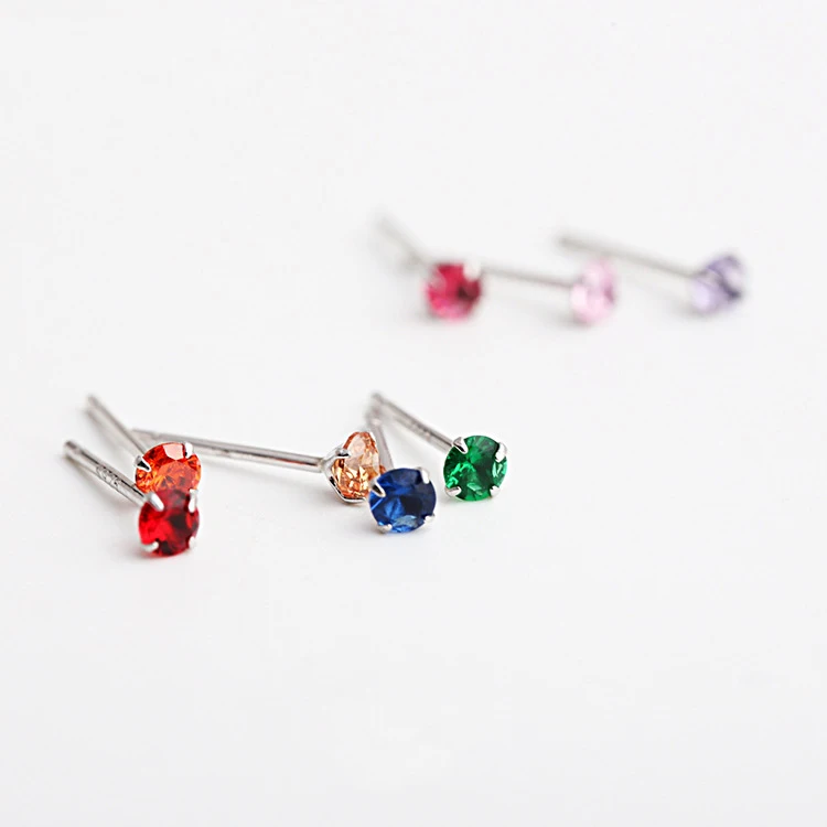 

925 Sterling Silver Mini Colorful Stud Earrings For Women Girls Student Kids Korean Style Cute Rhinestone S925 Jewelry Wholesale
