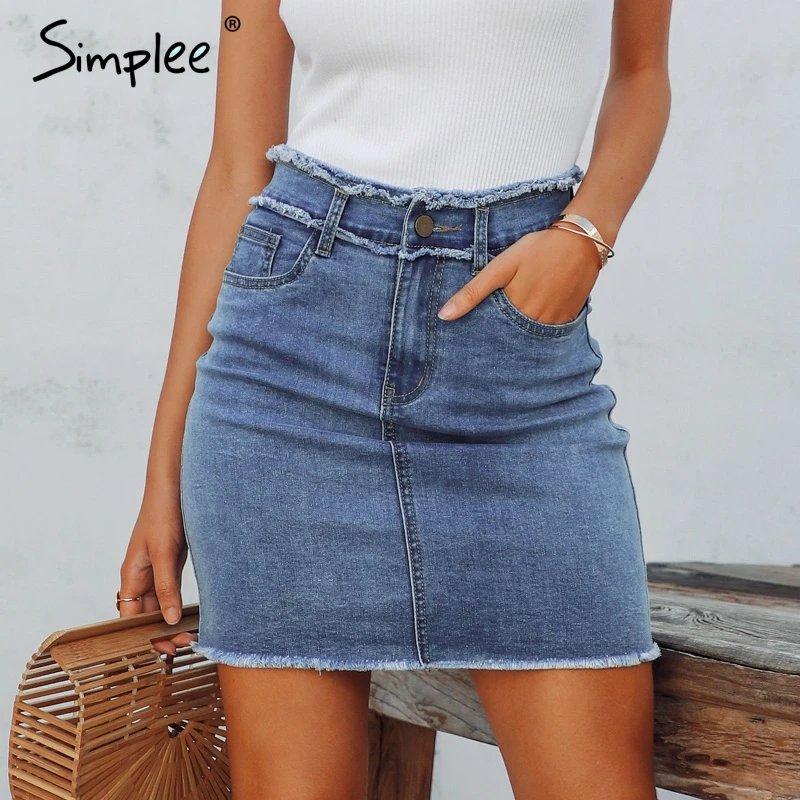 Женская джинсовая юбка-карандаш Simplee, с завышенной талией и кисточкой, привлекательная облегающая мини-юбка, повседневная уличная джинсовая юбка