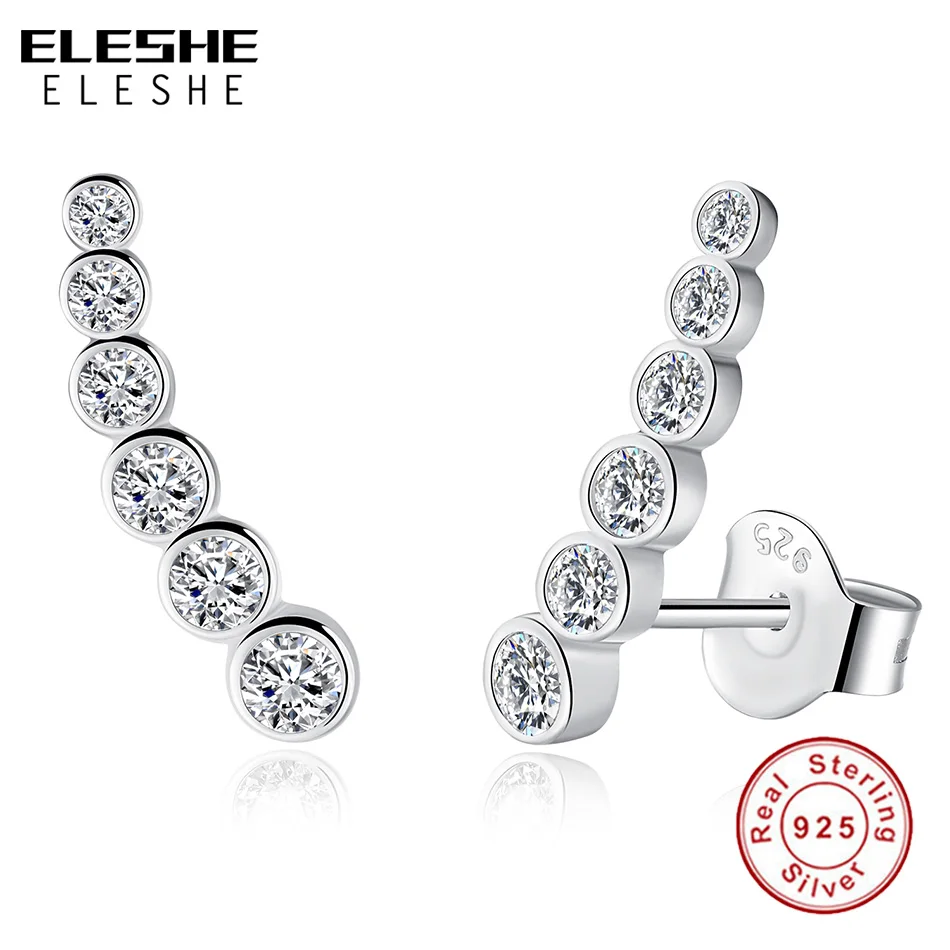 ELESHE Christmas Gift 100% 925 Sterling Silver Stud Earrings For Women Round Crystal Earrings Fashion Jewelry Pendientes Mujer