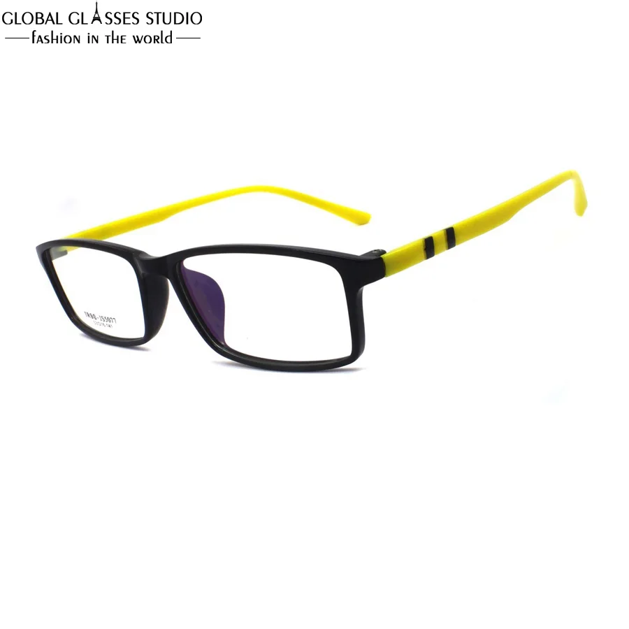 

Super Light Rectangle Lens Flex Plastic Titanium Frame Student Soft Glasses Yellow Blue Temple Prescription Available JS5077