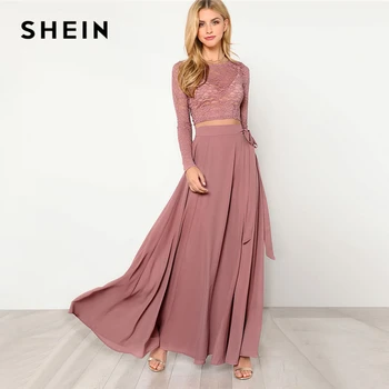 

SHEIN Pink Crop Lace Top Knot Skirt Set Women Round Neck Long Sleeve Belt Elegant Two Pieces Sets 2018 Spring Plain Twopiece