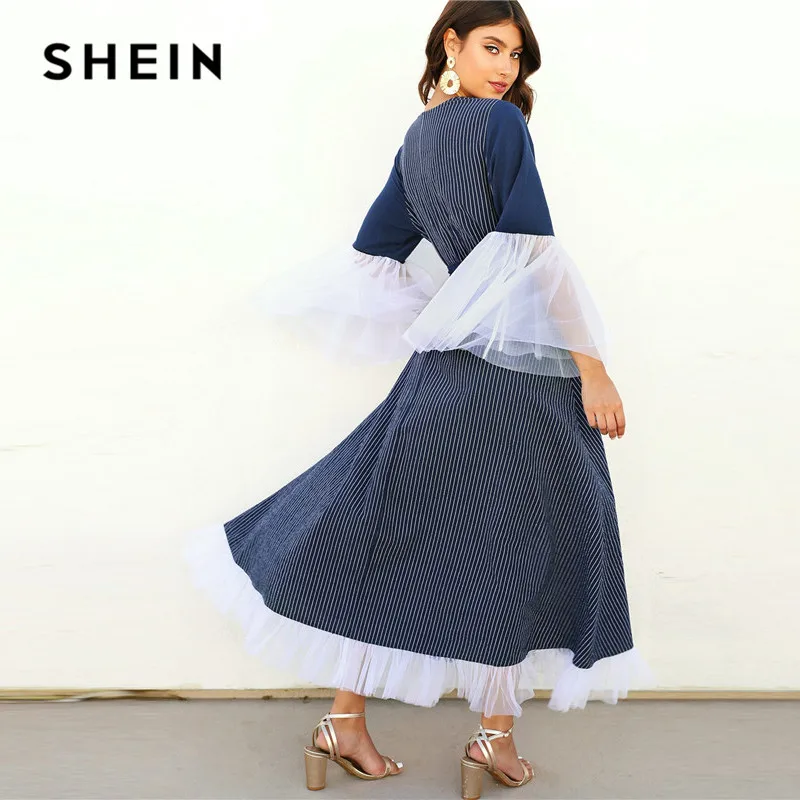 SHEIN التباين شبكة الرداء الكهنوتي الرقبة مخطط الحجاب ماكسي اللباس مع حزام البحرية كم طويل عميق الخامس الرقبة اللباس الأنيق النساء فستان طويل