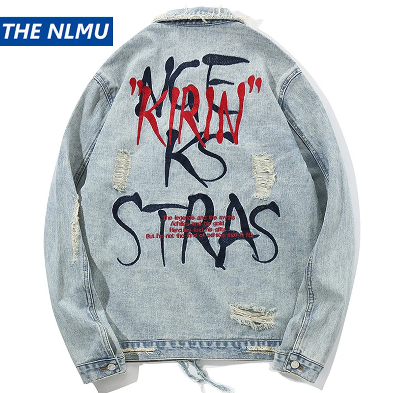 

Vintage Men Letter Denim Jacket Coats 2019 Autumn Hip Hop Casual Ripped Distressed Jeans Jackets Male Fashion Streetwear WB56