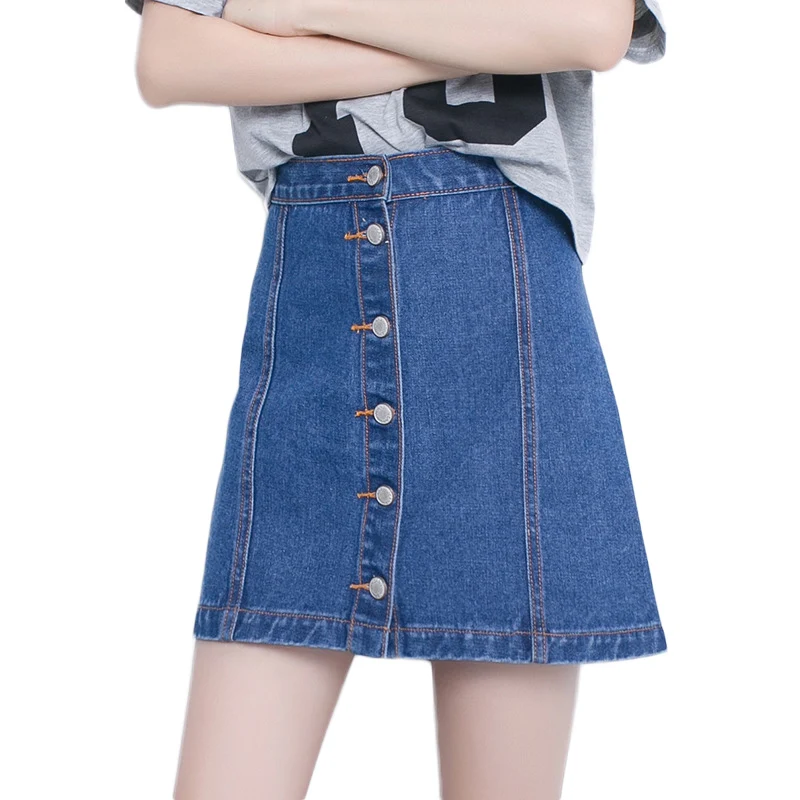 

Fashion Brief 2017 Summer Women's High Waist Slim Single-Breasted Cotton Mini A-Line Bodycon Denim Blue Skirt no Pockets G1620