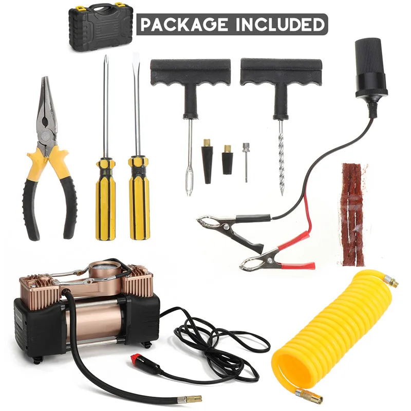 

150PS 12V Air Compressor For Car Trucks High Pressure Air Pump Twin Cylinder Inflatable Auto Electric Tire Inflator+repair kit