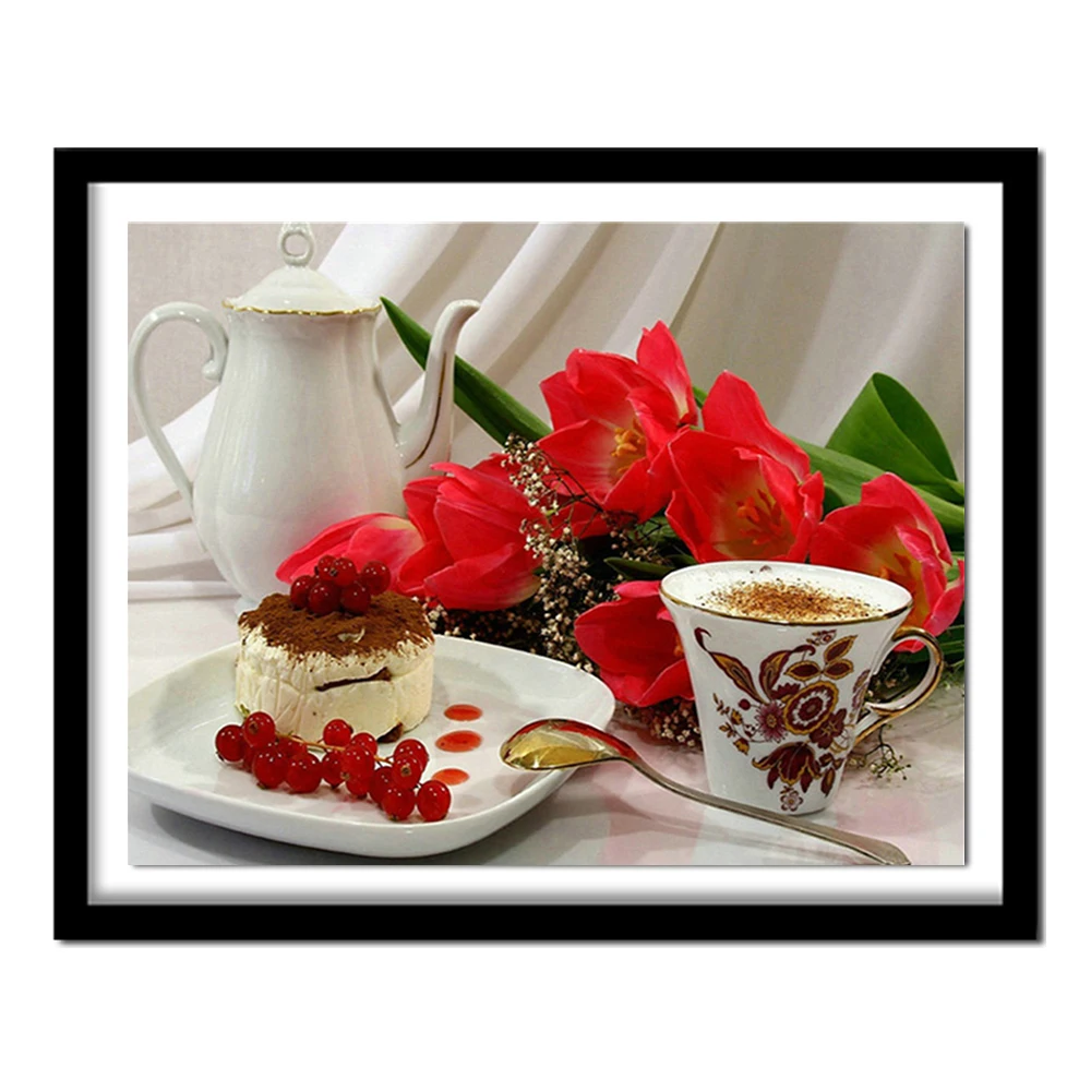 

Diy Diamond Painting Coffee Cake Flowers Home Decoration 5d Diamond Embroidery Needlework Diamond kitchen Wall Stickers