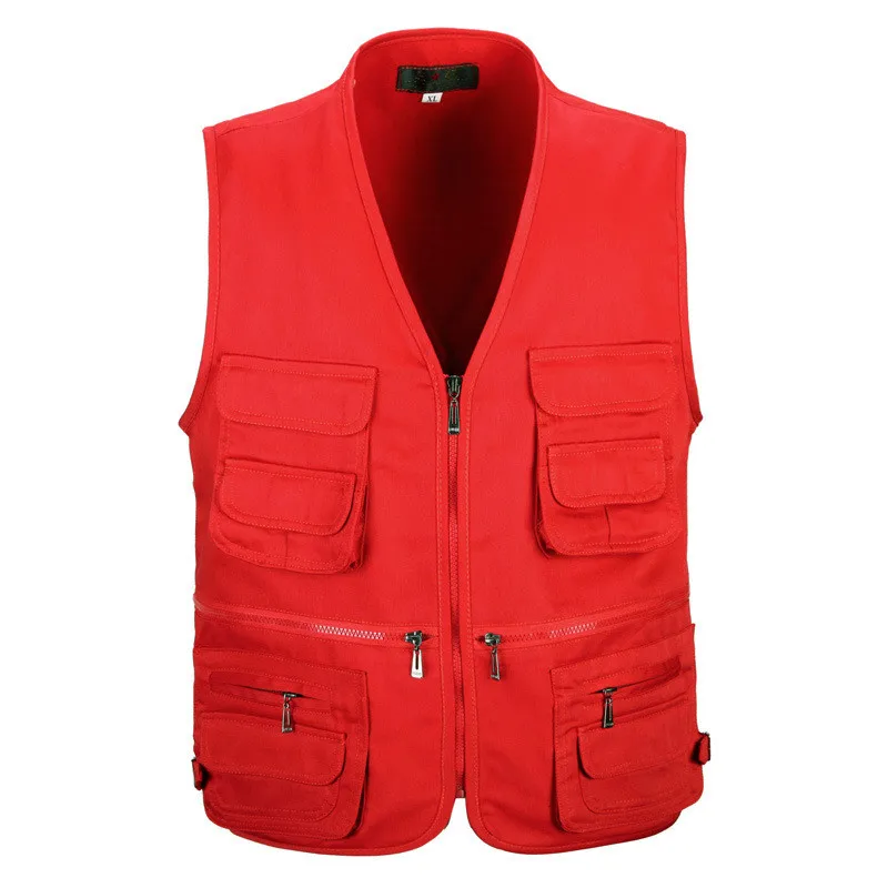 Online Chaleco de hombre de moda de algodón sin mangas chaquetas negro Casual de pesca chalecos con muchos bolsillos Chaleco de descarga