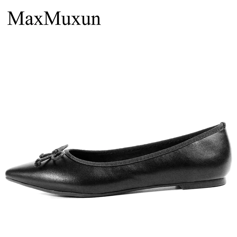 MaxMuxun/Женская обувь с острым носком и бантом, украшенная змеиным эффектом; Кожаные слипоны; Классические балетки на плоской подошве