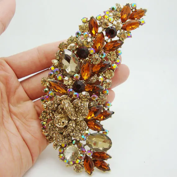 

Fashionable Jewelry Vintage Style Rose Flower Brown Crystal Rhinestone Gold-Tone Brooch Pin Free Shipping