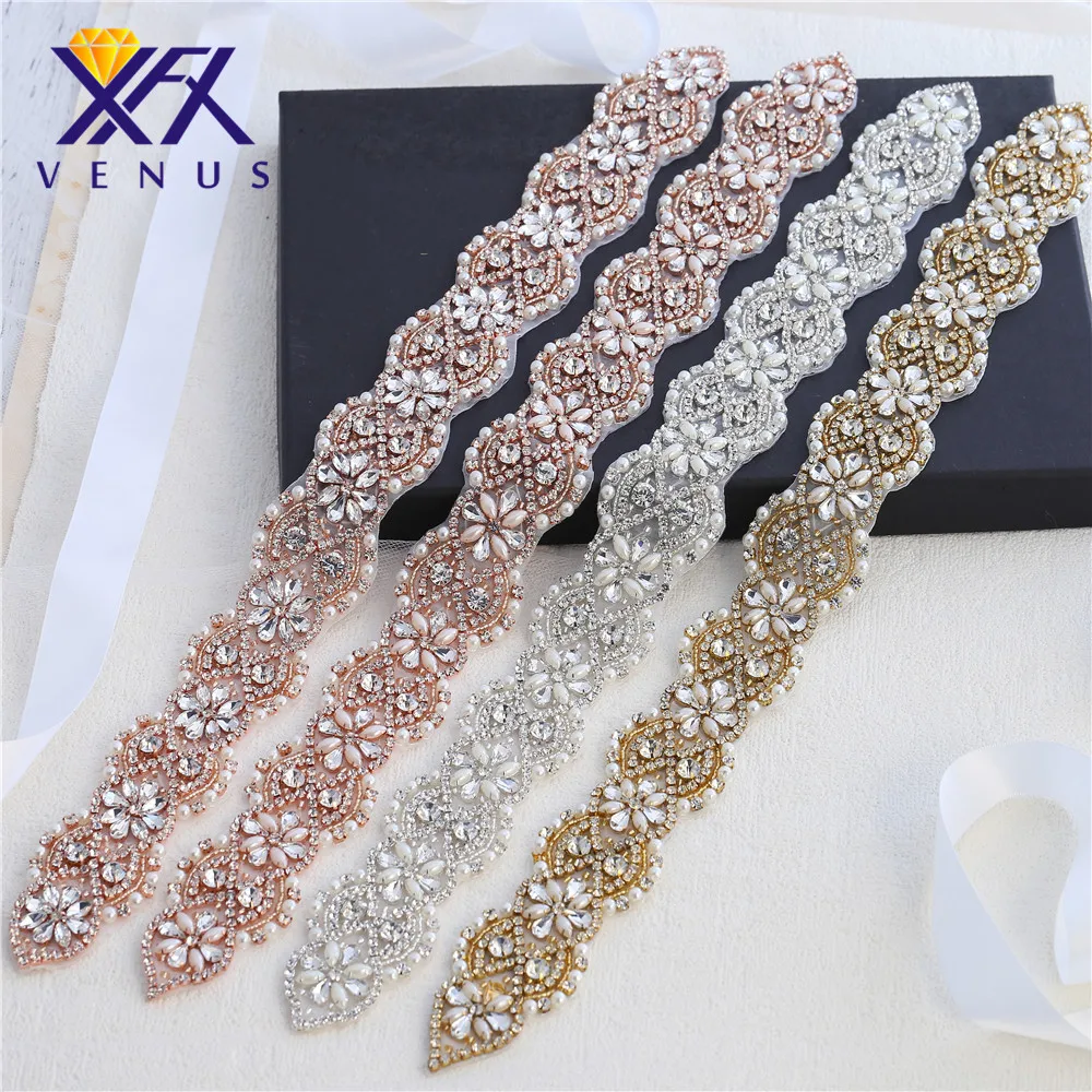 

XINFANGXIU Handmade iron on rhinestone appliques belts flower hot design long size for wedding dress sash belts