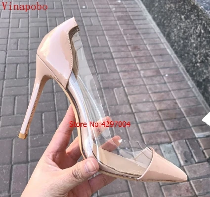 

2019 VINAPOBO Women Pumps Transparent Clear 12cm High Heels Sexy Pointed Toe Slip-on Clear Wedding Dress Shoes For Lady Size 43