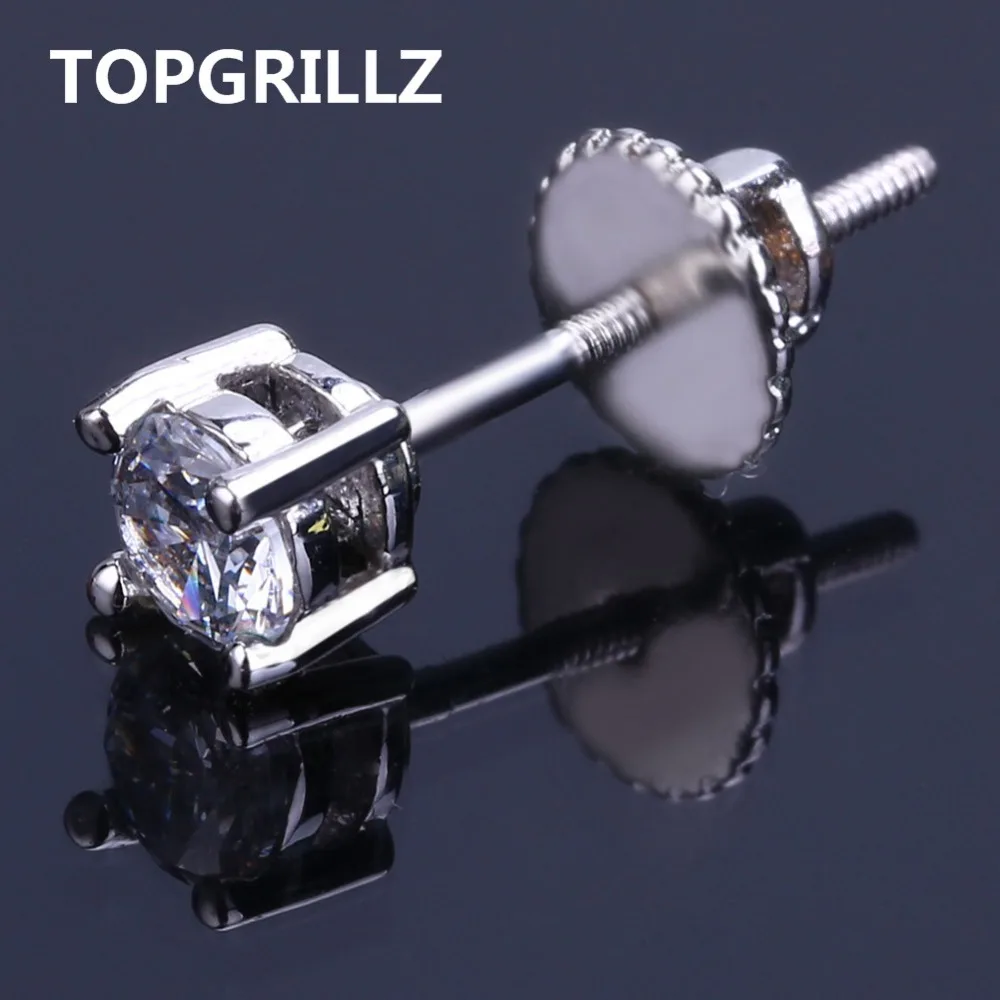 

TOPGRILLZ Hip Hop New Fashion Bling Earring Gold/Silver Color Micro Pave 4mm CZ Stone Lab D Stud Earings With Screw Back