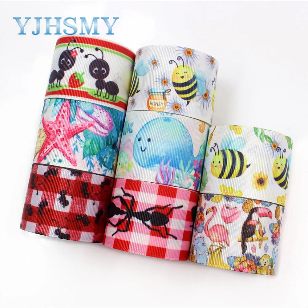 

YJHSMY I-19411-945,38mm 5yards cartoon animal Thermal transfer Printed grosgrain Ribbons,bow cap DIY accessories decorations