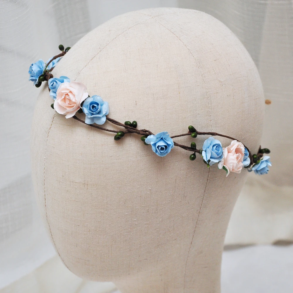 

2018 6PCs Wholesale Wedding Flower Crown Hair Bands Rustic Light Blush Pink And Dusty Blue for Party,Prom