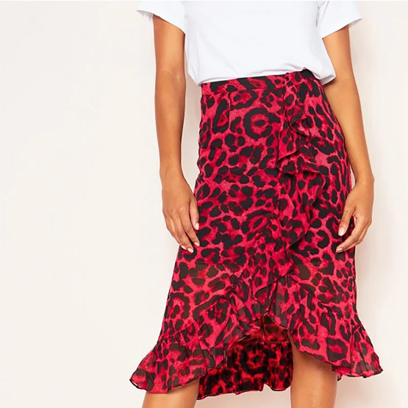 

Leopard Long Skirt Women High Waist Midi Skirt Female Office Ruffle Animal Print Skirts Womens Summer Red 2019 Casual