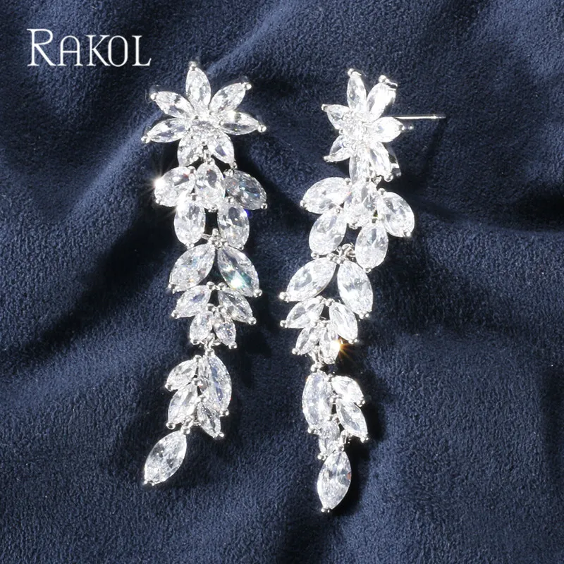 RAKOL модные новые изысканные огранка маркиз длинные циркониевые листья наборные серьги набор женские блестящие вечерние Роскошные ювелирные изделия RE20053