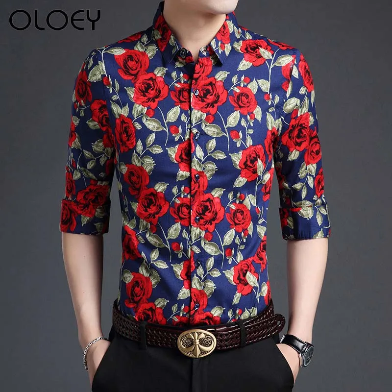 

OLOEY men shirt long sleeve 100% cotton fashion print flower long sleeve shirt casual style mens shirts red turn-down shirts