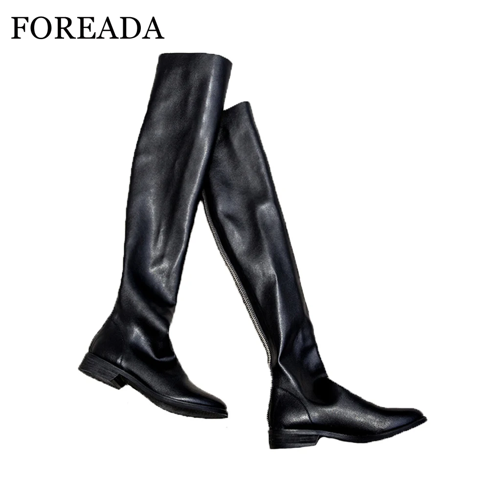 Женские Эластичные ботфорты FOREADA черные из натуральной кожи на плоской подошве