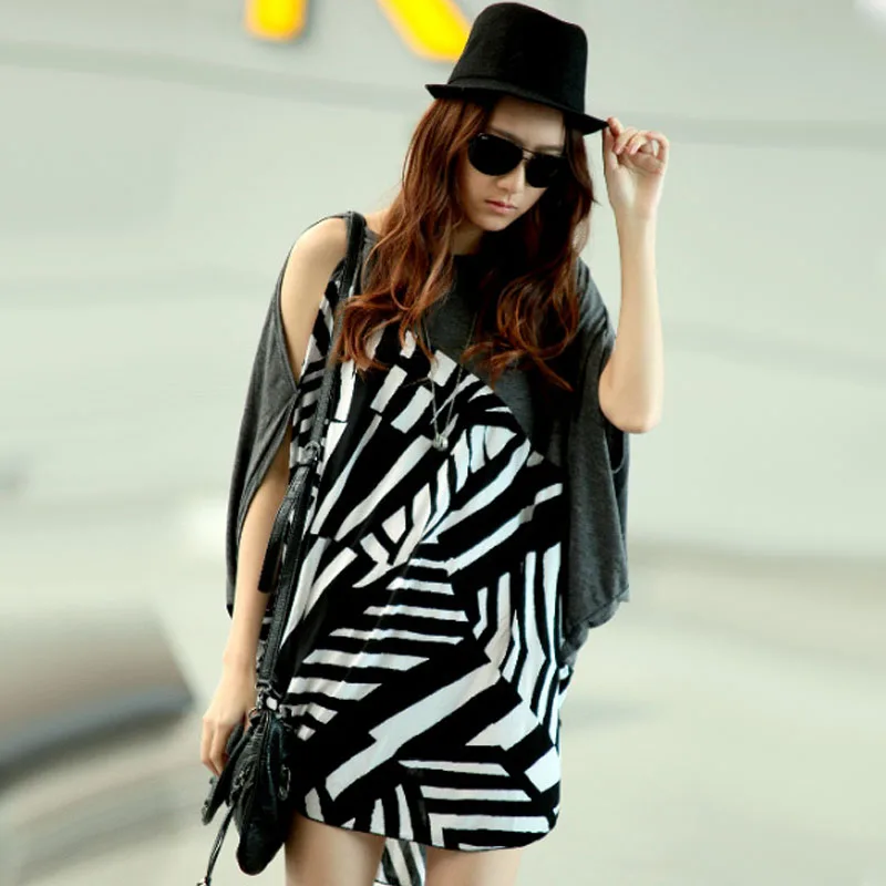 Free shipping 2013 summer women's large loose patchwork long design batwing shirt sexy strapless t-shirt | Женская одежда