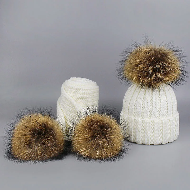 Детская шапка с помпонами из натурального меха Skullies, детские зимние вязаные шапки для девочек и мальчиков, вязаная шапка с помпоном из натурального меха для детей - Цвет: White