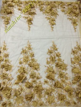 

3d flower High quality Gold nigerian French lace with beads African lace fabric for wedding party dress
