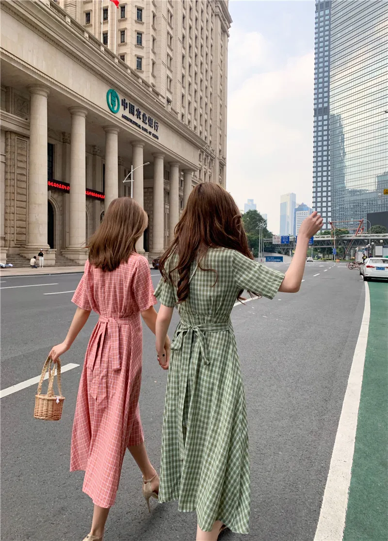 A Line Dresses Woman Summer Cute Japan Korean Style Prairie Sweet Preppy Design Button Shirt Dress Bow Ribbon Tie 7515