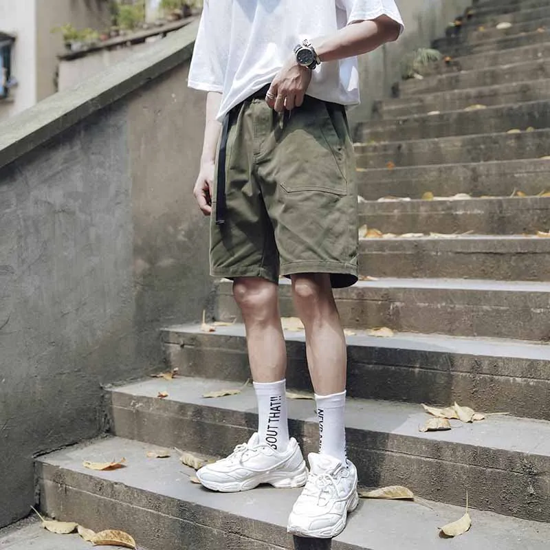 

Outdoor 2019 Summer cargo elastic waist teenagers multi pocket loose climbing hiking trekking overalls short trousers men