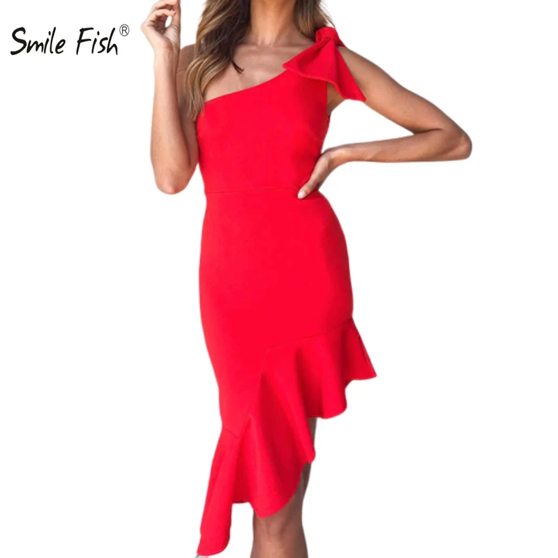 

Sexy One Shoulder Dress Ruffles Women Summer Cocktail Party Dress Clubwear Black Red Empire Female Bodycon Dress Plus Size M0441