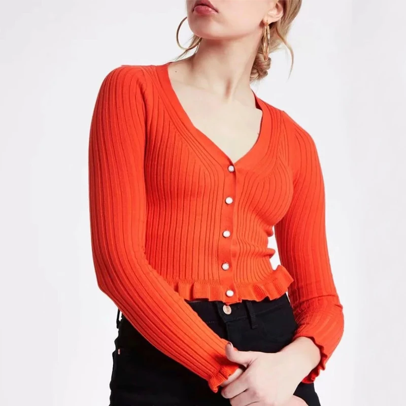 

2019 winter Women Deep V Neck Single Breasted Solid Sweater with Ruffle Trim Crop Cardigan Crop Knit Jumpers 3 Colors