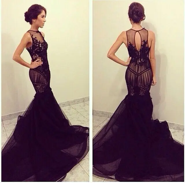 

See Through Lace Appliques Black Tulle Mermaid Evening Dresses Vestido De Festa longo 2014