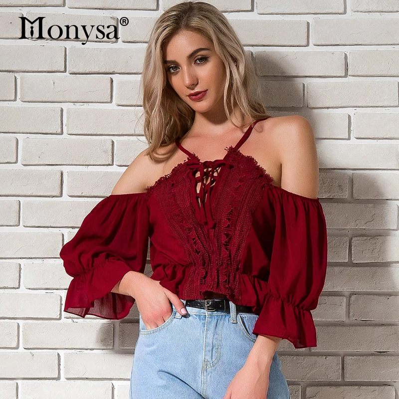 Sexy Off Shoulder Tops Womens 2018 Spring Summer New Arrivals Fashion Chiffon Patchwork Lace Blouses ladies Lace Up Blouses Red|Blouses & Shirts|   - AliExpress