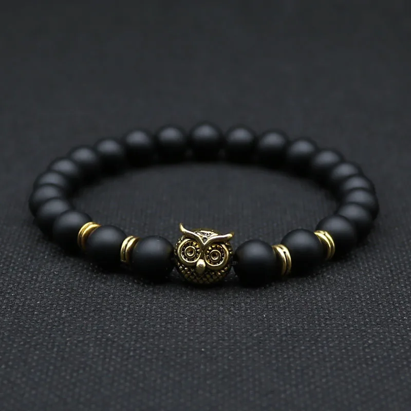 8mm Silver Plated Animal Owl Head Bracelet With Natural Black Lava Rock Stone Energy Men Beaded Bracelets For Women A-8