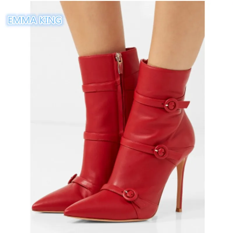 

Red Buckle Straps New Design Pointed Toe Ankle Boots Women High Heels Punk Short Booties Side Zipper Stilettos Sexy Ladies Shoes