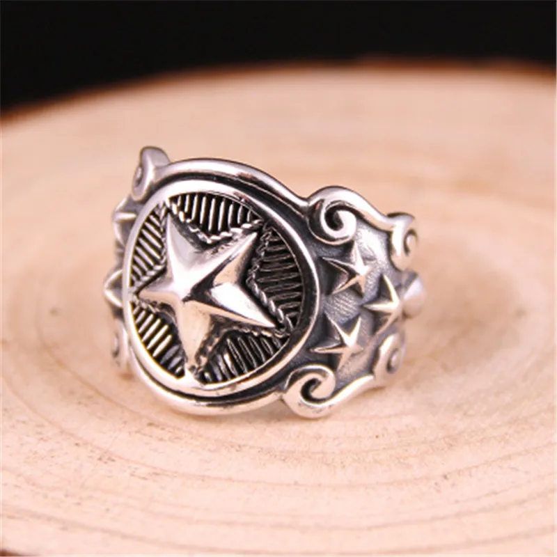 

BESTLYBUY 100% Real Big 925 Sterling Silver Ring Men Punk Vintage Rings Stars Symbol Cool Gift For Biker Man Jewelry