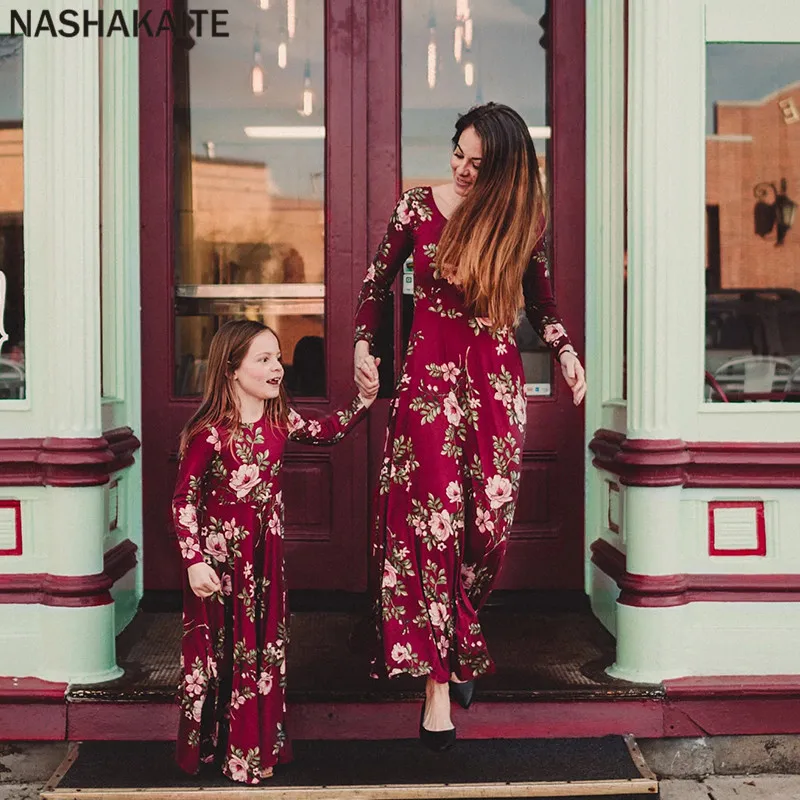 NASHAKAITE Mom and daughter dress Wine Floral Party Long Dress Mother Daughter Dresses Mom and daughter matching clothes