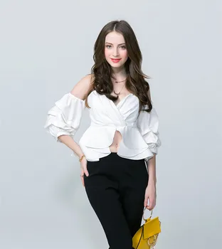 

Blouse Korean Real Cotton Ruffles Half Blusas Women's Free Shipping 2020 New Personality Ruffle Sexy Bubble Sleeve Shirt Women