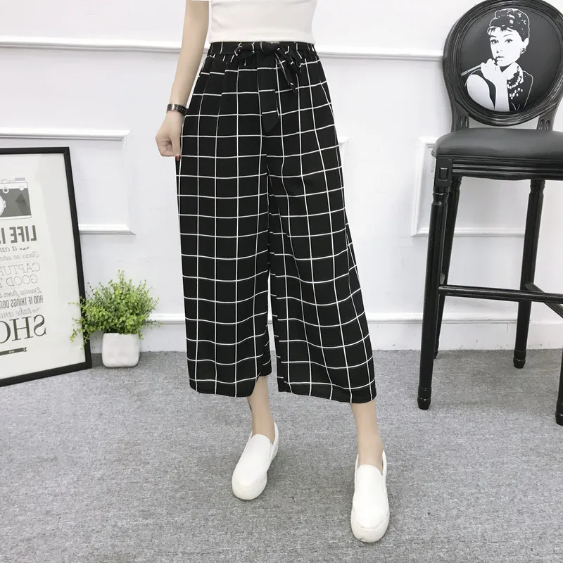 

NORMOV Casual Women Pants High Elastic Waist Plaid With Sashes Calf Length Cotton Loose Black Wide Leg Pants