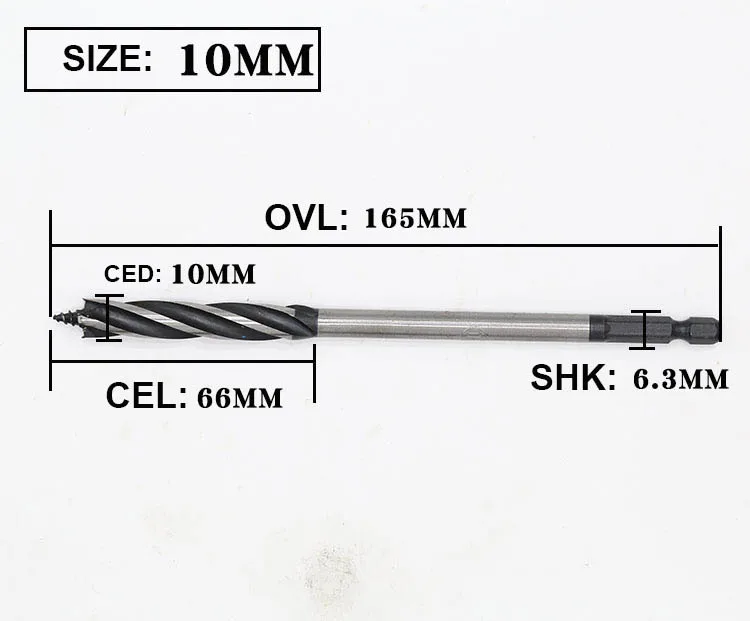 Удлиненное деревообрабатывающее сверло с глубоким отверстием, поворотное сверло с шестигранной ручкой, четыре отверстия с четырьмя лезвиями, открывалка для деревянного замка двери, 6,3 мм хвостовик - Цвет: 10mm