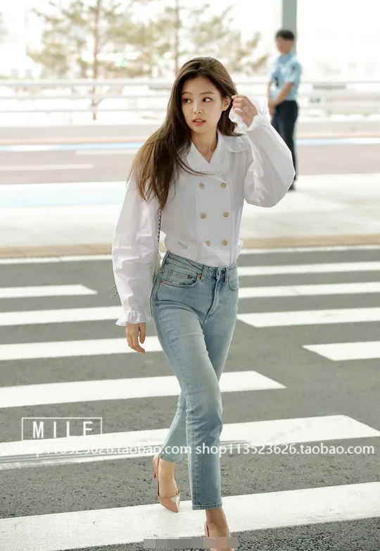  kpop BLACKPINK JENNIE Wild white double-breasted retro Flounced shirt women Puff sleeve blouses str