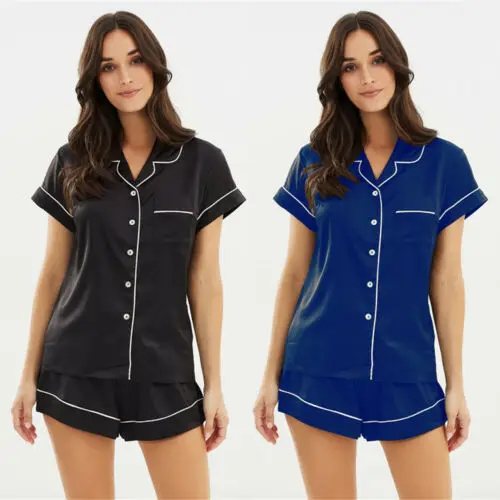 

2019 Women Summer Girl Lady Solid Silk Satin Pajamas Set Short Sleeve Button-Down Sleepwear Pajama 2PCS