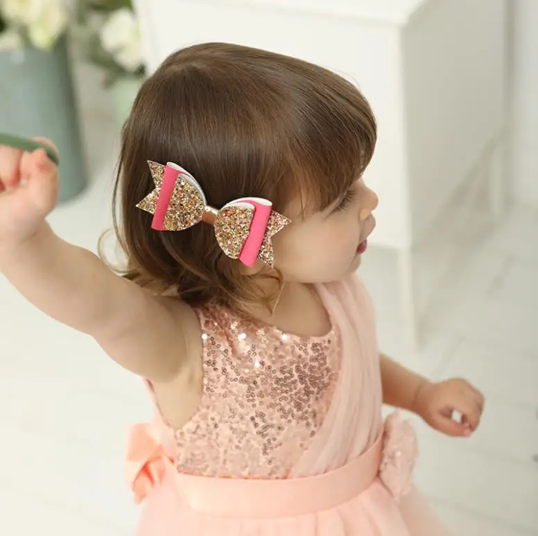 

free shipping 24pcs 4.5''double glitter Bow Hair Glitter Big Hairpin Cute PU Leather Hairpin Modish Girls Prince Hair Clip Bowk