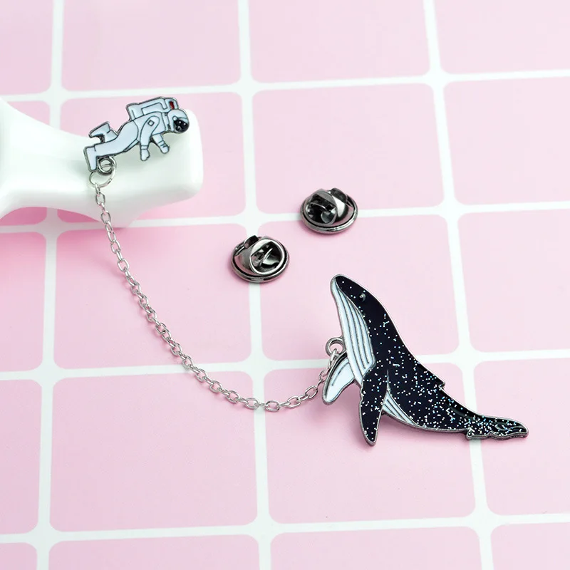 

Cartoon Animal Whales Cosmic Space Astronaut Brooch Black Enamel Pin Button Chain Denim Jacket Coat Pins Badge Jewelry Gift
