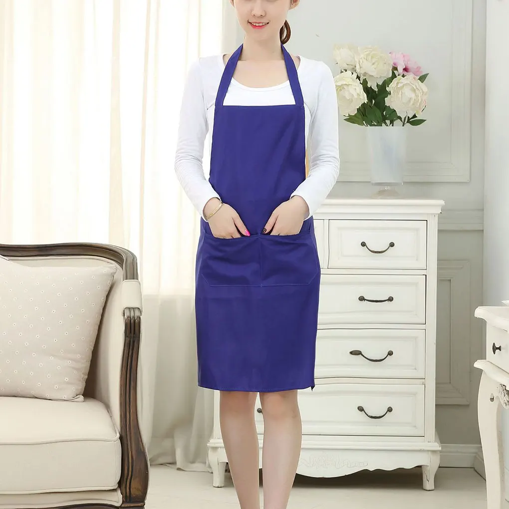 

2019 New Simple Design Halter Neck Apron Polyester Waiter Baker Chefs Full Bib Front Pocket Solid Color