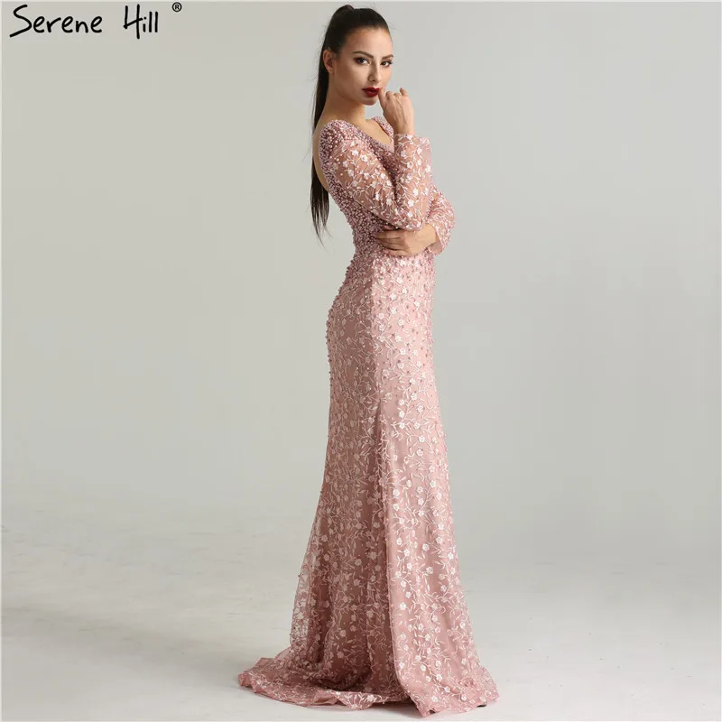 Роскошные розовые жемчужные кружевные вечерние платья с вышивкой Русалочки с длинным рукавом Вечерние платья Serene Хилл LA6408