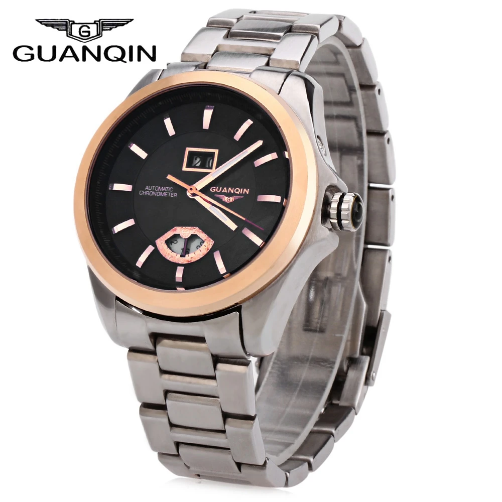 

GUANQIN Men Auto Mechanical Watch Water Resistance Luminous Pointer Date 24 - hour Display Transparent Back Cover Wristwatch