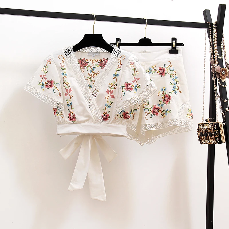 

Vintage Embroidery Hollow Out Two Piece Set Women V Neck Short Sleeve Crop Tops+High Waist Wide Leg Shorts Female Suit Summer