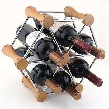 

1PC Hexagon kitchen shelf 304 stainless steel wine holder with wood frame wooden wine rack wine display for 6 bottles J3007